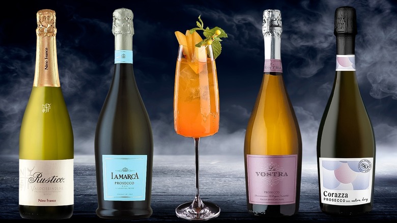 Composite image of four different prosecco labels with a Bellini cocktail in the center with a dark blue background