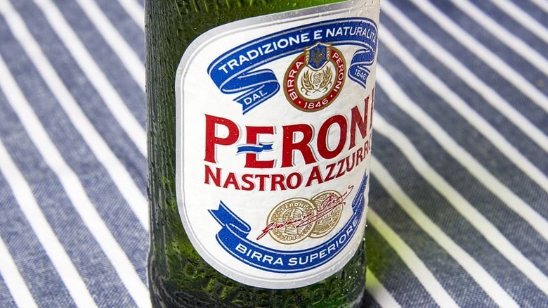 Close-up of a bottle of Peroni Nastro Azzurro