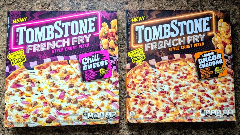 Tombstone Chili Cheese and Loaded Bacon Cheddar French Fry Style Crust Pizza boxes side by side