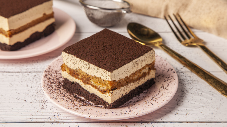 Plated tiramisu and silverware